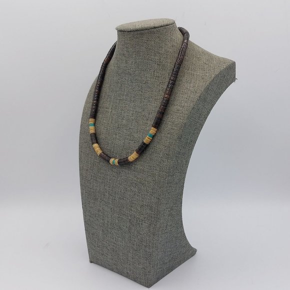 Unisex Necklace Brown Turquoise Colored Stone Beads Single Strand Barrell Clasp - Picture 2 of 9